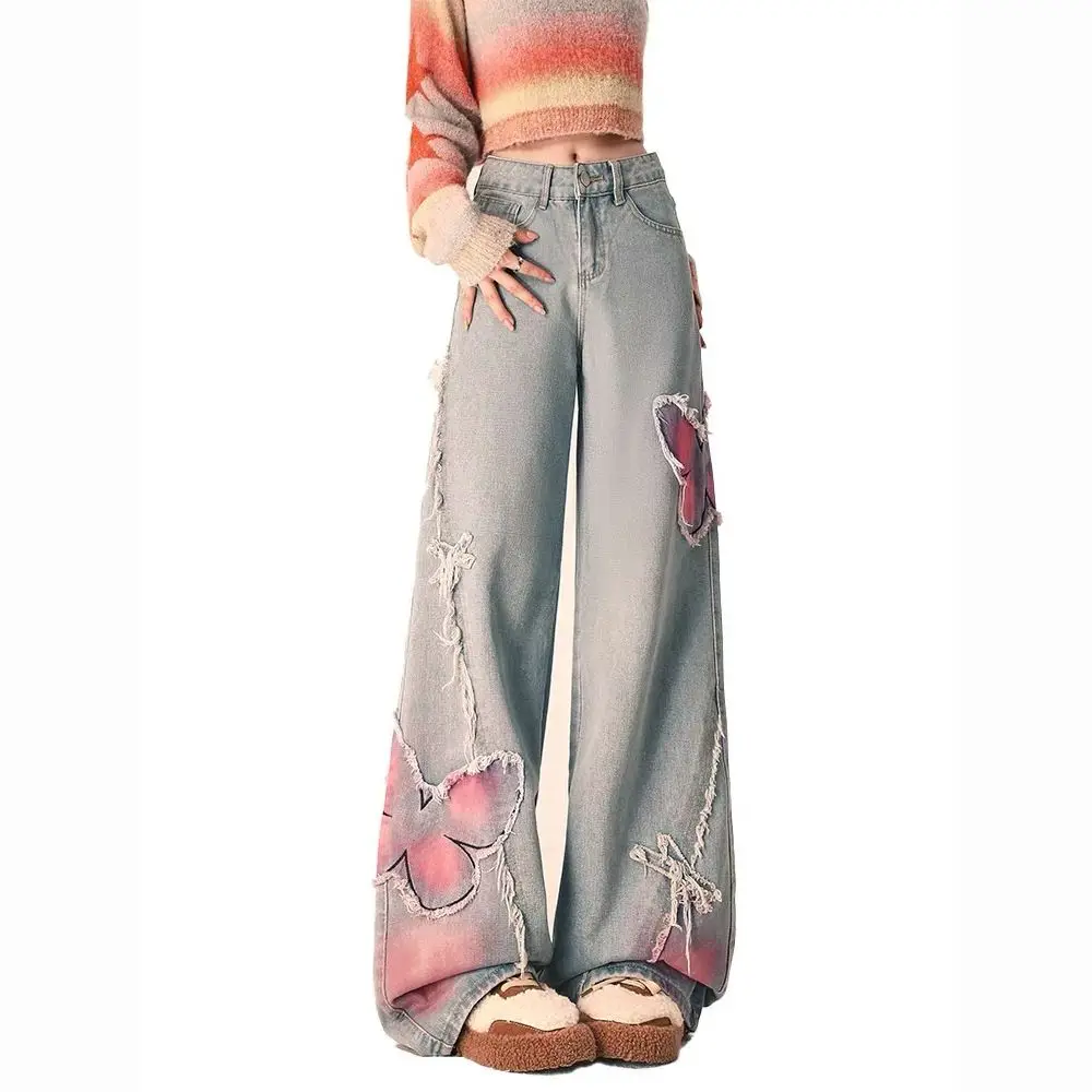 MiiiiX American High Street Ripped Jeans Women Long Pants Autumn 2024 New Thickened Butterfly Embroidery Loose Wide Leg Trousers