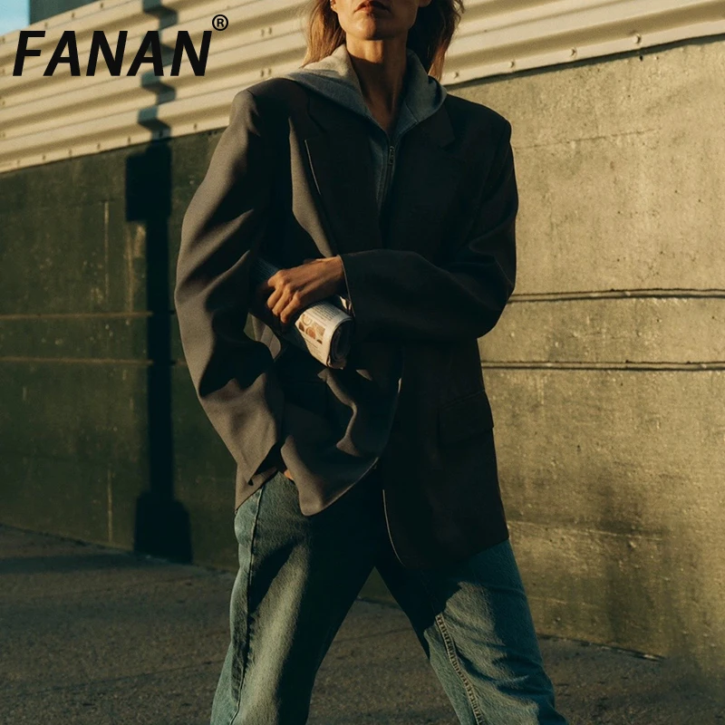 FANAN Women's Street Fashion Hooded Patchwork Blazer Coat Spring Autumn New Elegant Fit Jackets Female Fashion Coats