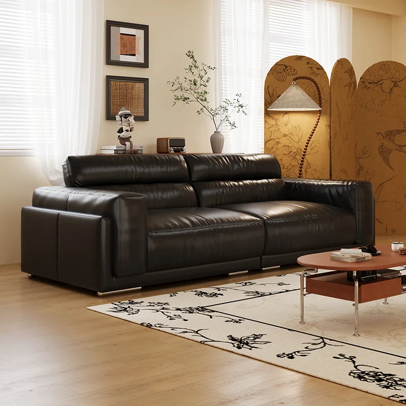 sofa, first layer cowhide Bauhaus black retro oil wax, leather living room straight row sofa