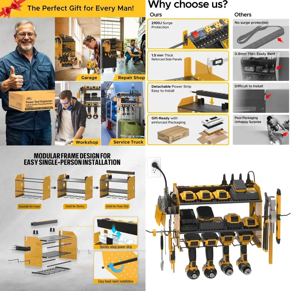 

Modular Wall-Mounted Power Tool Organizer with Charging Station, 8-Outlet Strip, and Cordless Drill Holder - Yellow