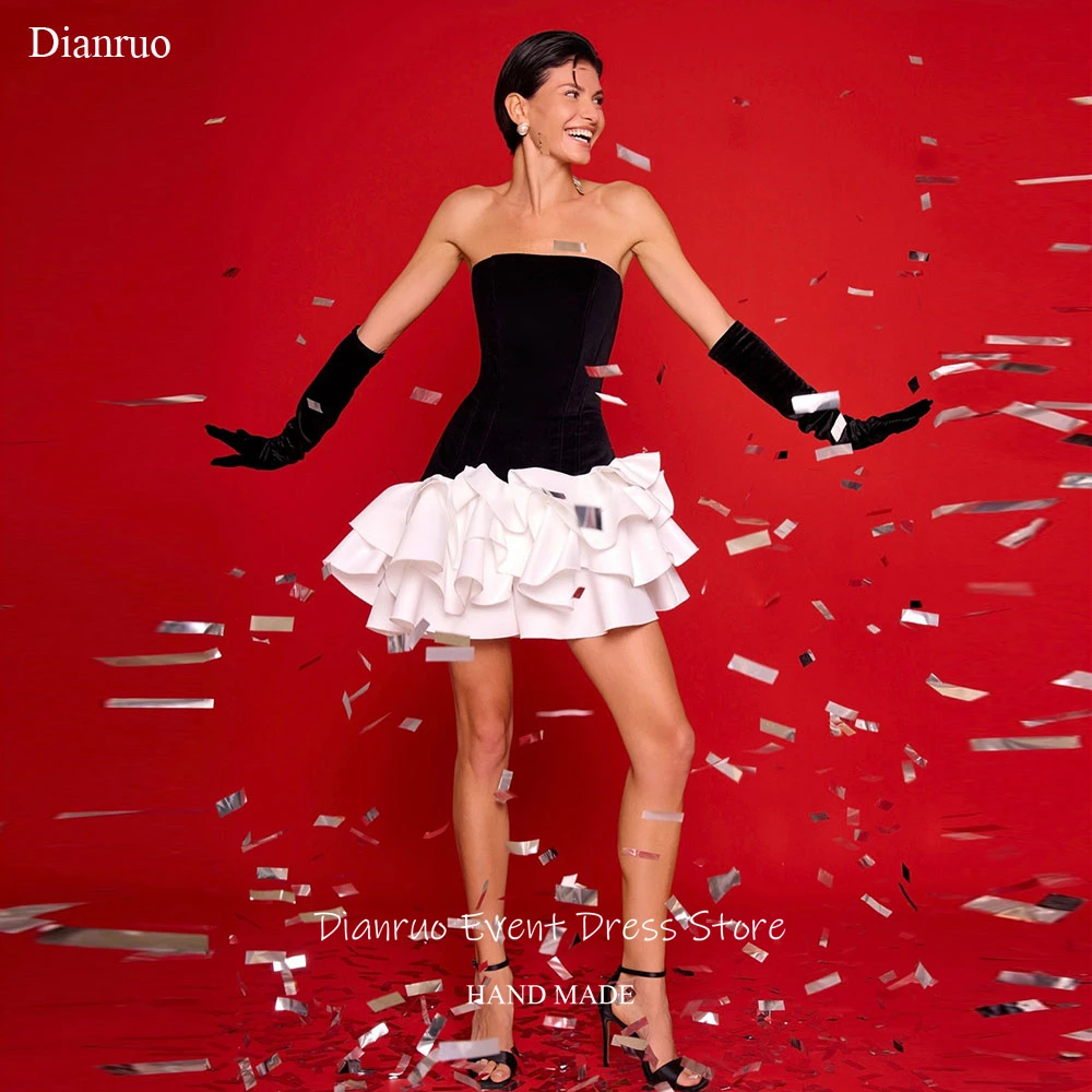 

Dianruo Strapless Ruffled Prom Dress A Line Cocktail Dresses Velvet Contrast Color Black & White Homecoming Dressess Customized