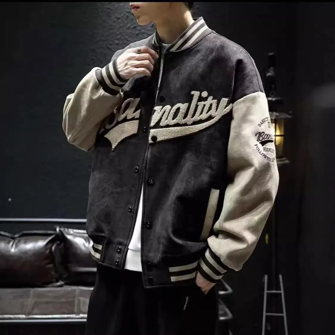 

American Retro Baseball Jaet Men's Spring Autumn Loose Haome Wear Resistant Casual Leisure Long Sve Coat