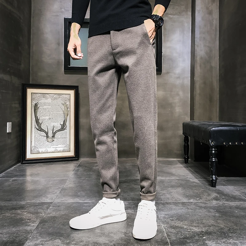 Autumn Men's Casual Pants Korean Style Trendy Slim Fit Tweed Long Pants Harlan Straight Leg No Ironing Required Polyester Fiber