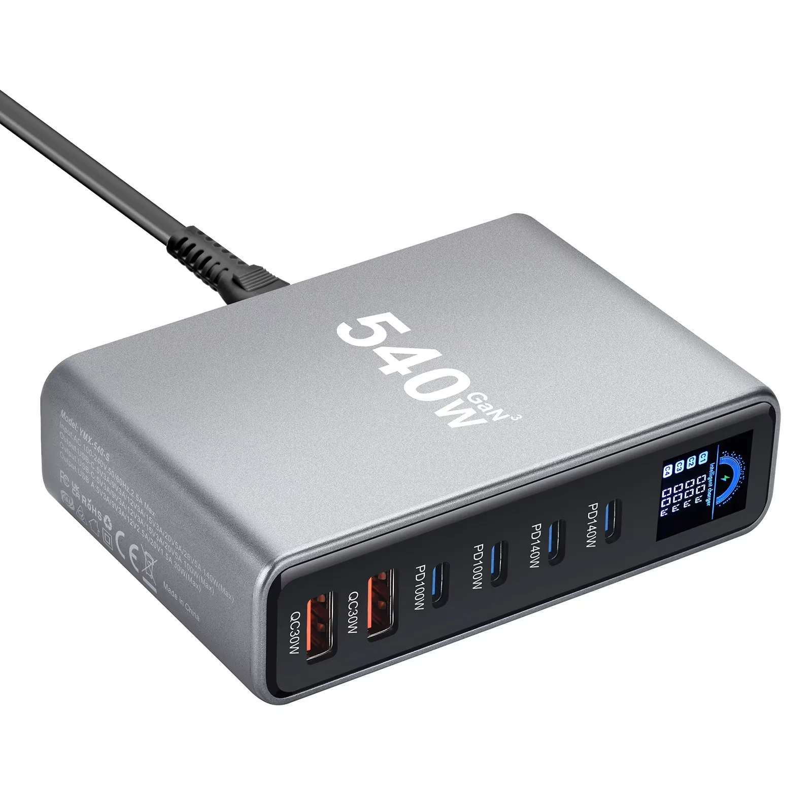 ディスプレイ搭載のホット540w-gan充電器、デスクトップ140w-usb-c-6ポート急速充電ステーション、携帯電話、タブレット、電子機器に最適