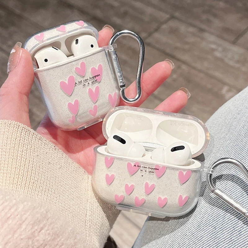 Fashion Pink love Glitter Silicone Earphones Case For Apple Airpods Pro 2nd generation Airpods 3 2 1 Charging Box Bag With Hook