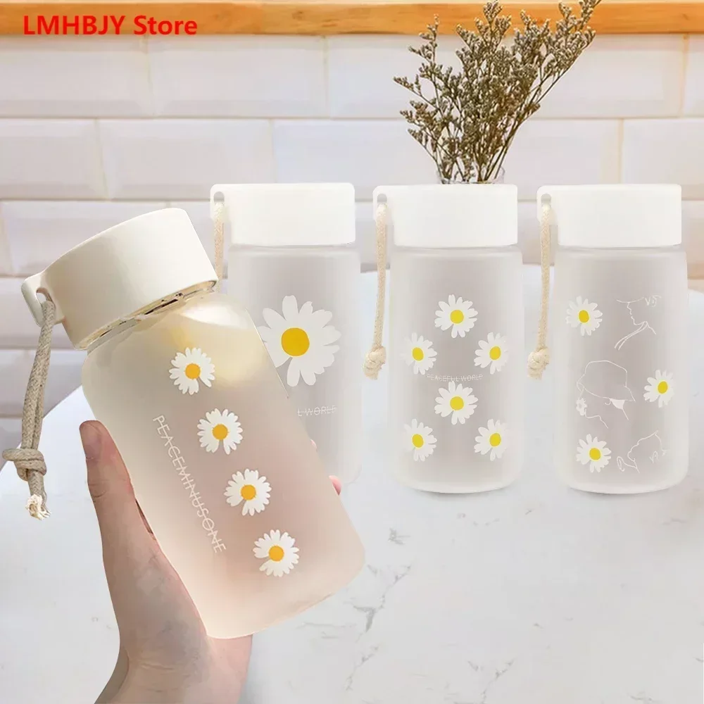 Transparent Little Daisy Water Bottles Plastic Water Cup with Rope Girl Kawaii Drink Bottle Summer Frosted Water Cup Juice Mug