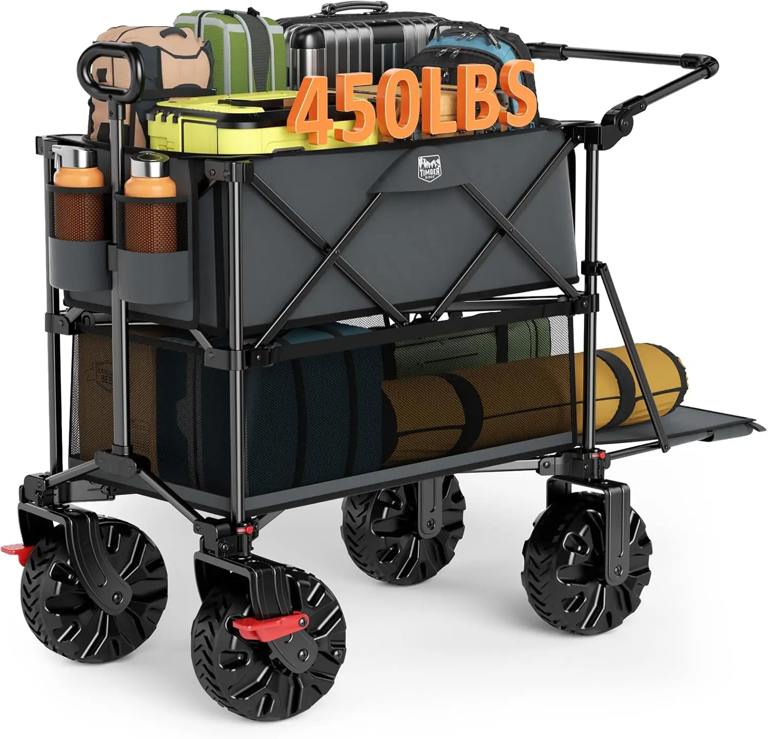 Beach, Sports & Camping Wagon - Grey Steel, Double Decker, 400L Capacity, 450lb Load, All - Terrain Wheels & Brakes, Collapsible