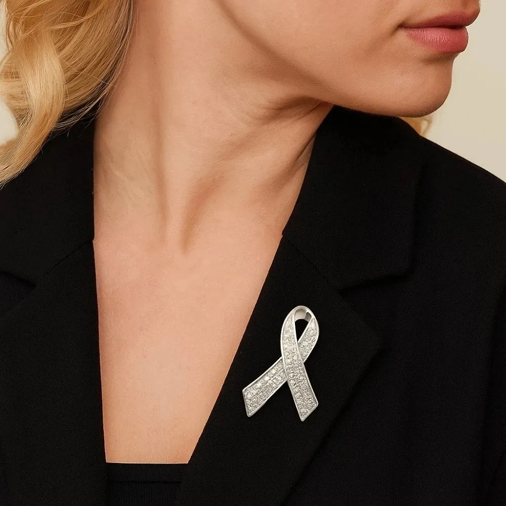 Rhinestone Crystal Black Ribbon Pin Melanoma Cancer Awareness Funeral Ribbon Badge Brooch Lapel Pin Skin Cancer