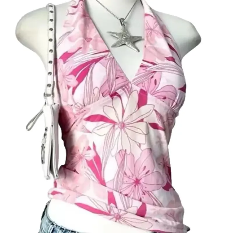 Neues weiß-rosa Blumen-Trägertop mit tiefem V-Ausschnitt im europäisch-amerikanischen Stil, schlank, elegant, vielseitig, leicht dehnbar, für Damen
