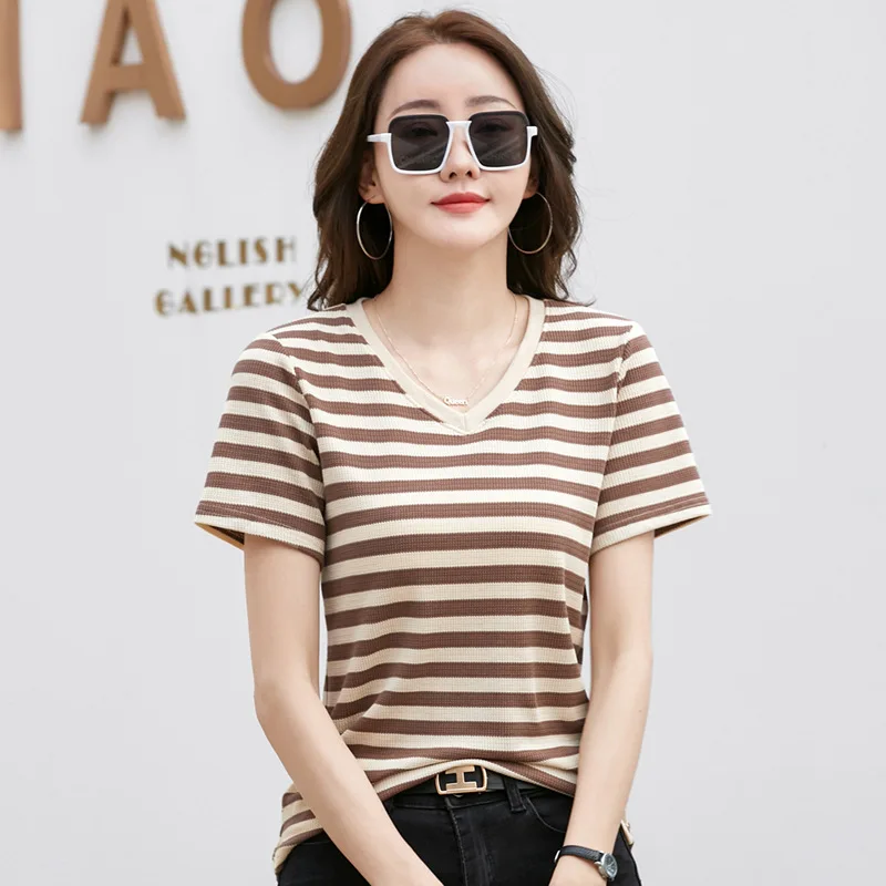 

Striped V-neck Loose Short-sleeved Top T-shirt Summer New Korean Fashion Casual Solid Color Versatile Pullover Top Women
