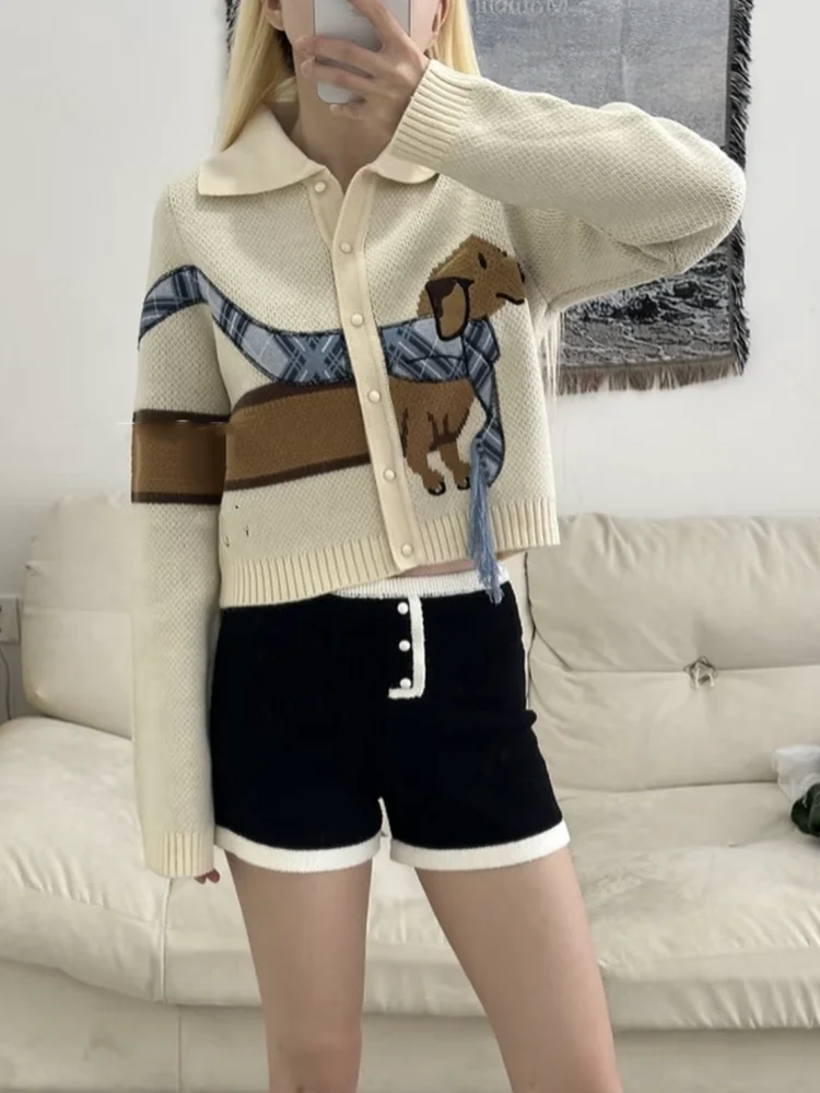 

High-End European Sle Doggie Knitted Long Sve Embroidered Collar Open Cardigan Top Cute Animal Pattern Faionable Youthful
