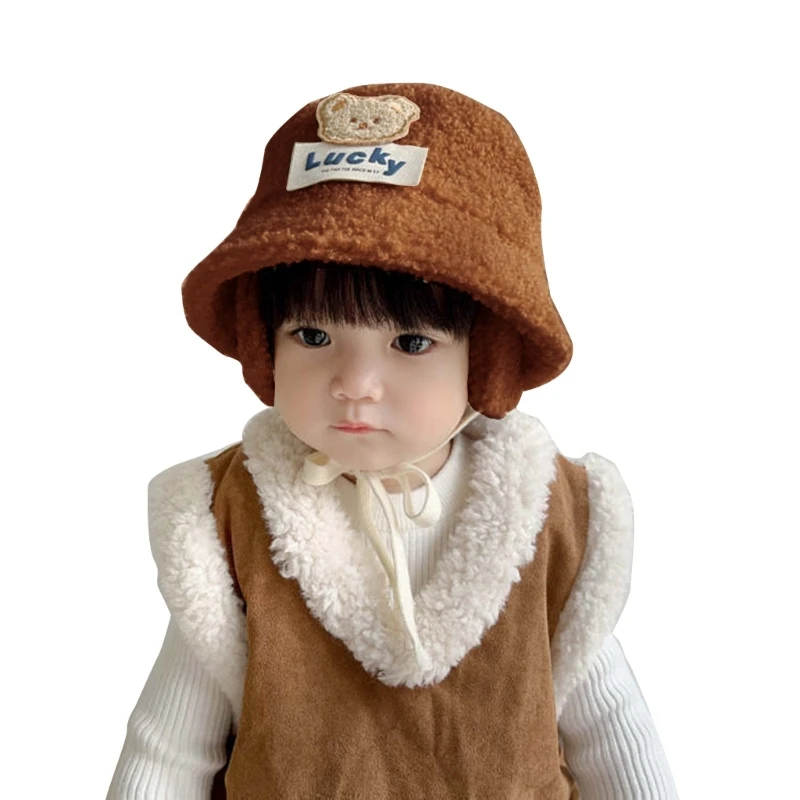 Warm & Comfortable Lamb Wools Fisherman Bear Design Bucket Hat Autumn/Winter Warm Hat Lightweight for Kids Dropship