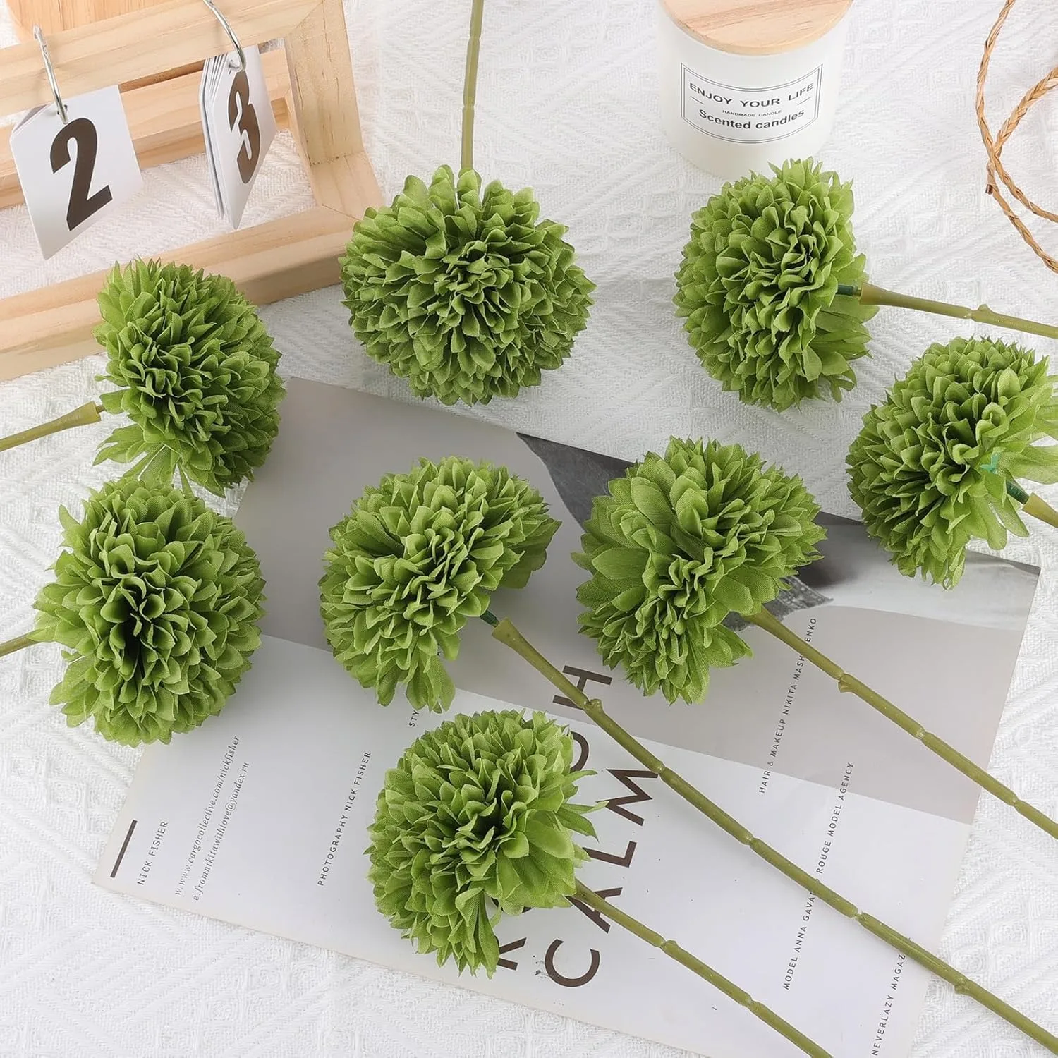 كرة أقحوان صناعية - 12 قطعة مع زهور خضراء لتزيين المنزل، الذكرى السنوية للزفاف، تشكيلة الزهور #6