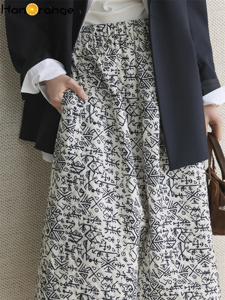 HanOrange 2026 Winter Fashion Vintage Fishbone Geometric Pattern A Word Half Body Skirt Comfortable Long Skirt Black/Apricot