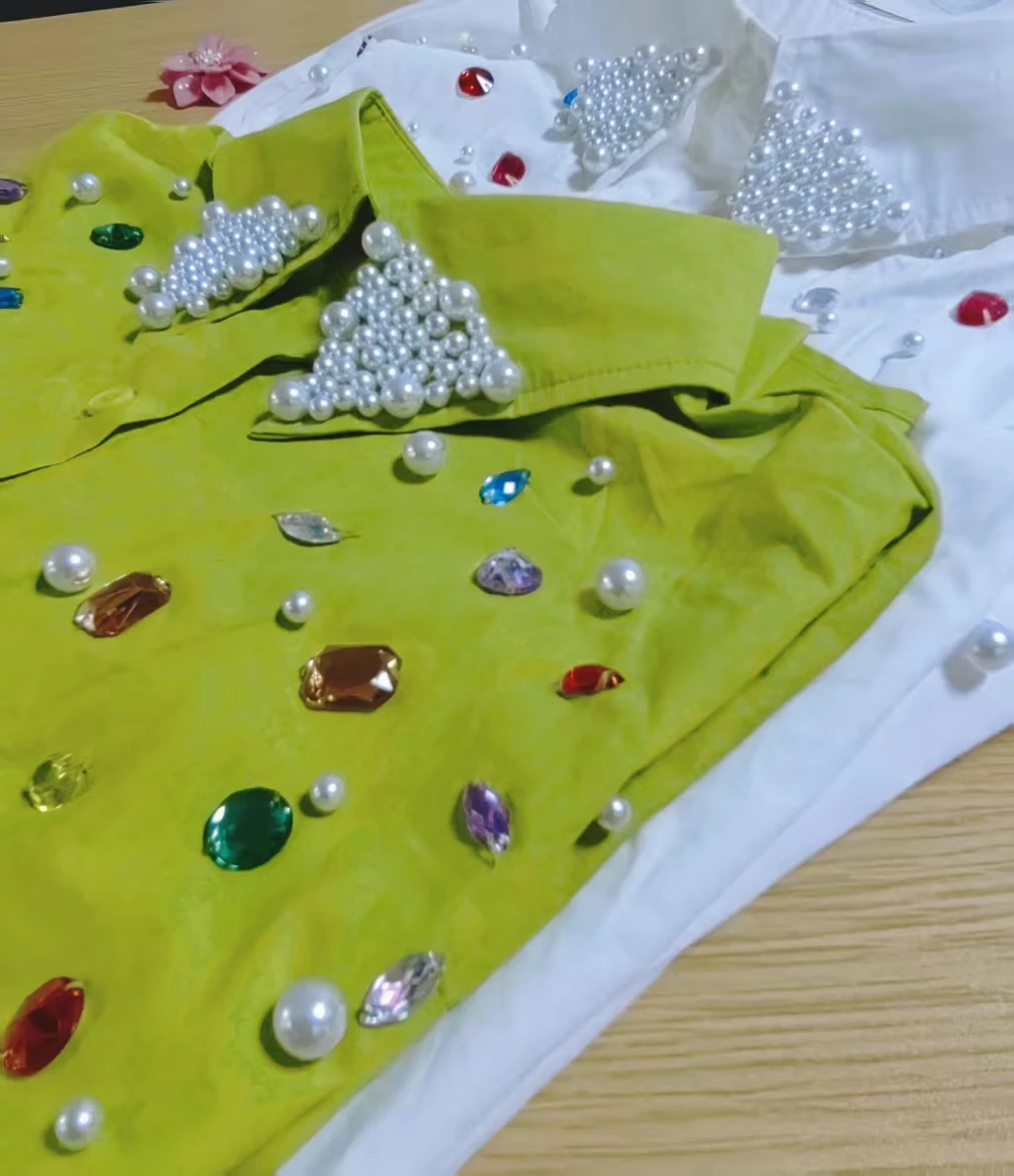 

Colorful Diamonds Sequins Stitch Cotton Blouses Shirts for Women 2025 Fashion Trend Long Sleeve Loose Casual Tops blusas de muje