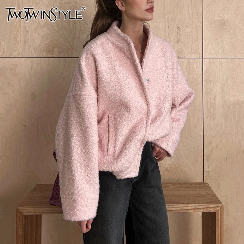 

TWOTWINSTYLE Solid Temperament Jackets For Women Round Neck Long Sleeve Patchwork Buttons Minimalist Coats Female Fashion New