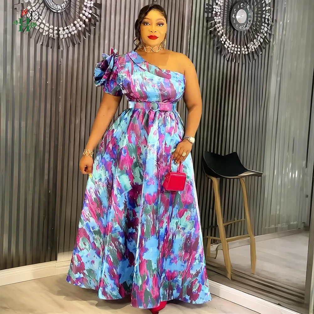

For African Women's Plus Size Slanted Shoulder Dress One Shoulder Floral Print Maxi Robe with Belt Elegant Party Evening Wear