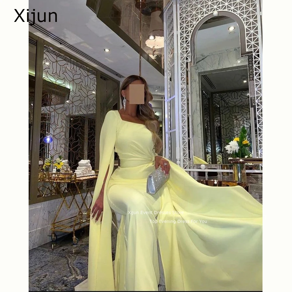 

Xijun Yellow Chiffon Long Evening Dresses Cape Sleeves Prom Dresses Saudi Arabric Prom Gowns Formal Party Dresses 2023 For Women