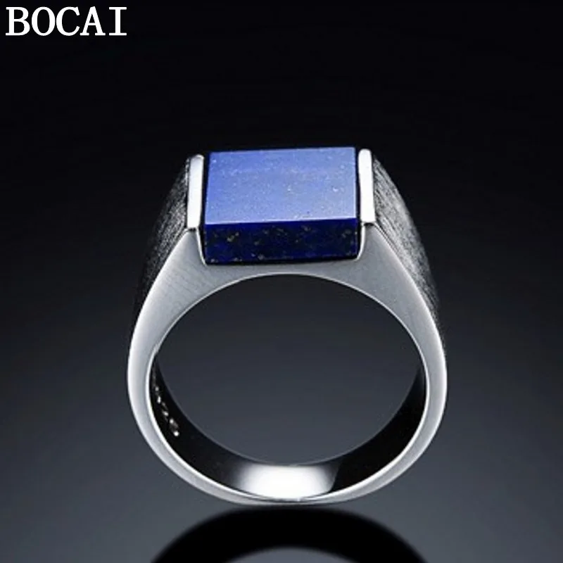 BOCAI New 100% Pure S925 Silver Men's Ring Inlaid With Natural Lapis Lazuli Jewelry Fashion Holiday Gifts