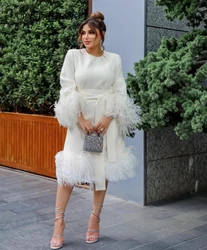 Short O Neck Crepe Evening Dressesفساتين السهرة Full Sleeves with Feathers Sheath Tea Length vestidos de gala mujer