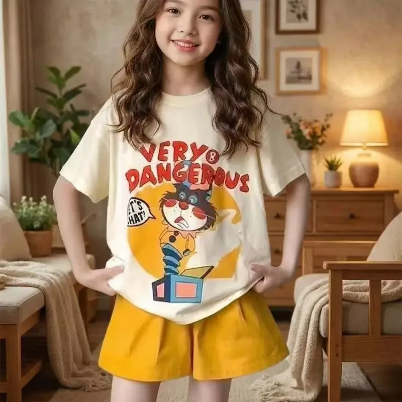 

90-165cm Girls Summer 2 Piece Set, Wide Leg Pants, Casual Kids Outfit for Teen Girls