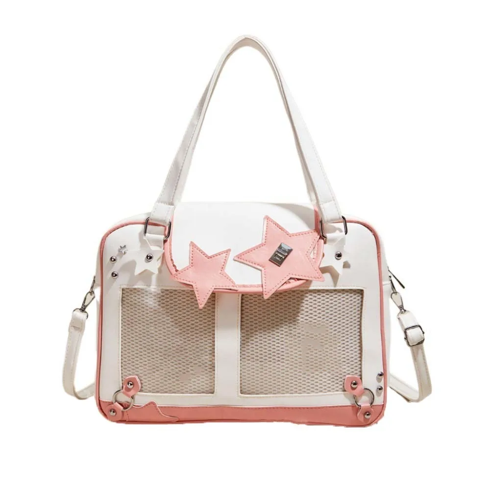 

Star Decoration Shoulder Ita Bag PU Leather PVC Goth Transparent Pocket Waterproof Large Capacity Y2K Anime Display Bag School