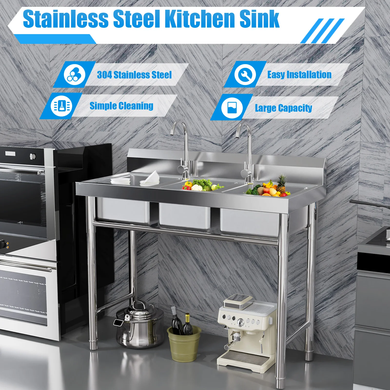 Free Standing Kitchen Sink 3-Slot Stainless Steel Sink Commercial Restaurant Kitchen Utility Sink Set with 2 Faucets