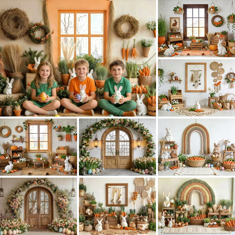 Spring Bunny Easter Background for Photography Indoor Window Carrot Arch Floral Kids Family Portrait Background Photo Booth Prop