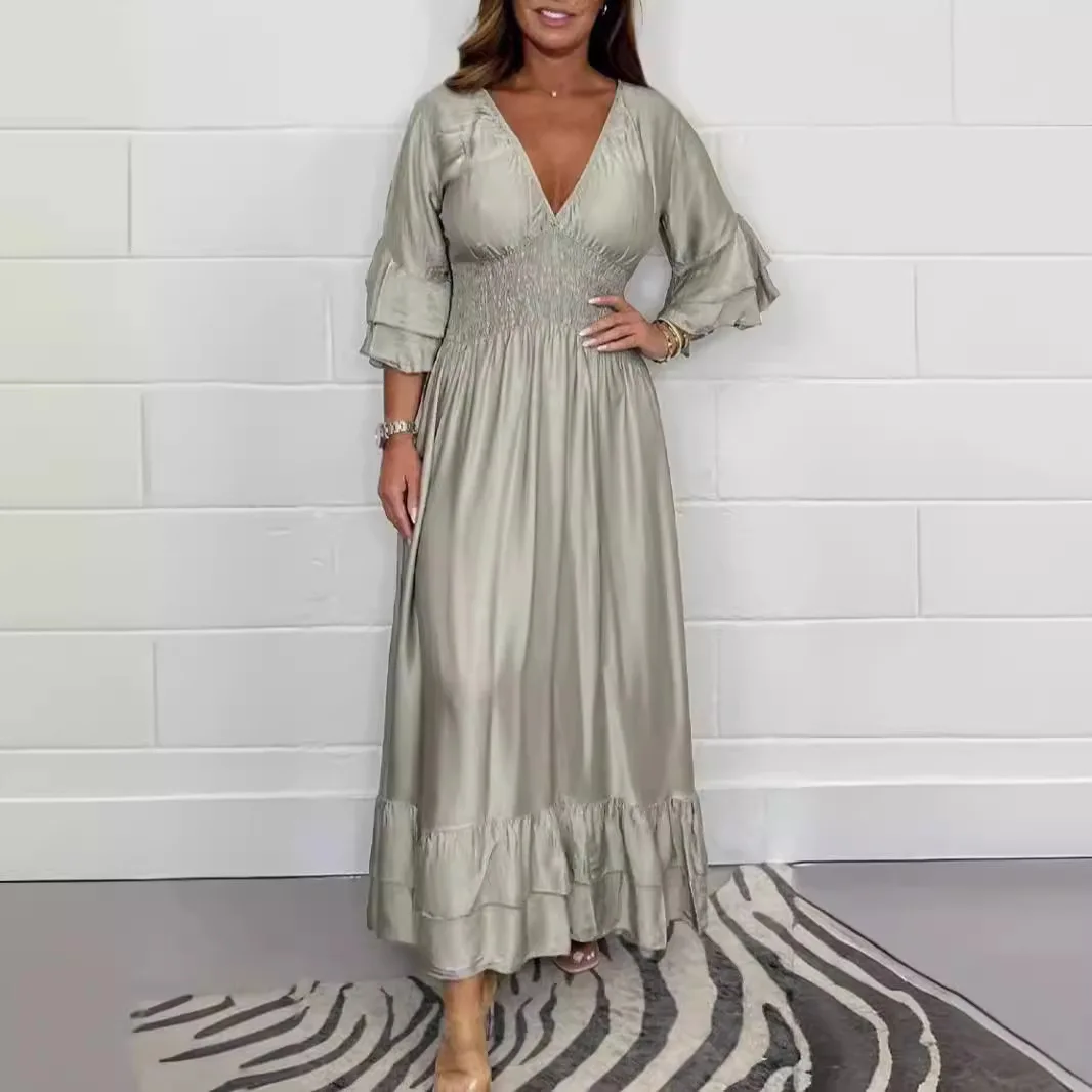 Women's Dresses Spring Autumn Deep V-neck Ruffles Sleeve Solid Color Satin Face Casual Design Sense Women Streetwear Robe Femme