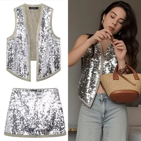 HXAO paillettes jupe ensemble femmes deux pièces ensemble col en v sans manches Cardigan gilet 2 pièces ensemble pour femme Mini taille haute jupe costume