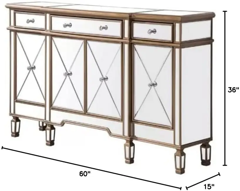 60 Inch Gold Wood Frame Mirrored Panels Andrea Storage Sideboard Buffet Cabinet for Living Room