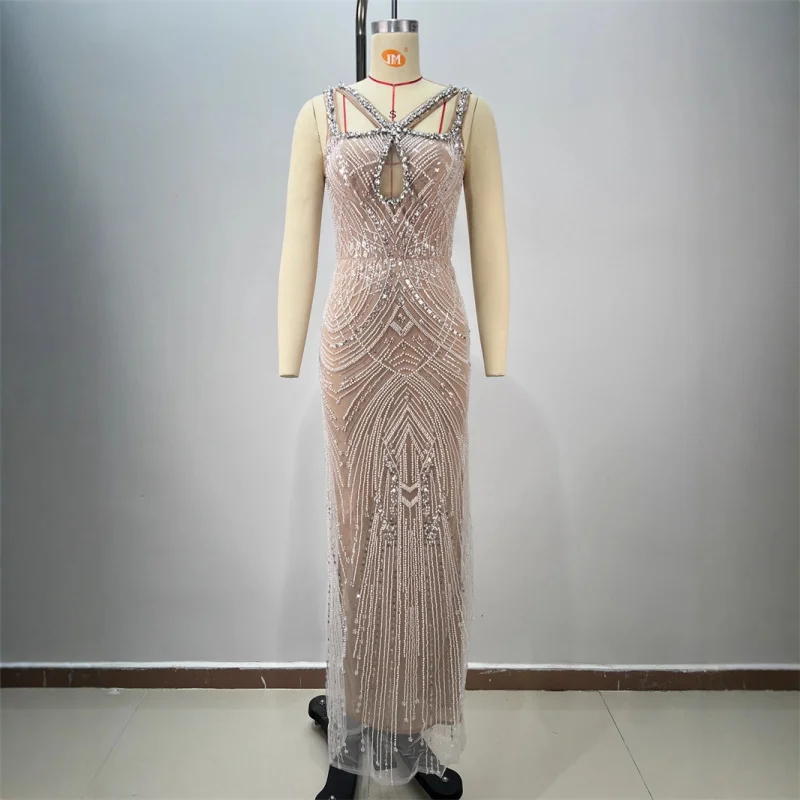 جديد وصول رائعة الترتر التطريز مثير المنخفضة قطع الجوف خارج أكمام Bodycon الشمبانيا فستان هوت كوتور ثوب مسائي