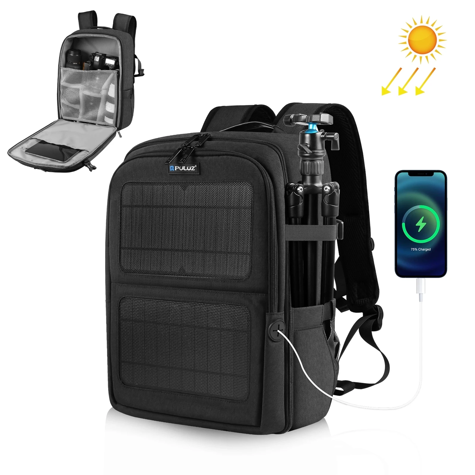 

PULUZ Outdoor Camera Backpack Solar Energy Backpack Digital DSLR Bag Camera Photo Bag for 14 inch Laptop