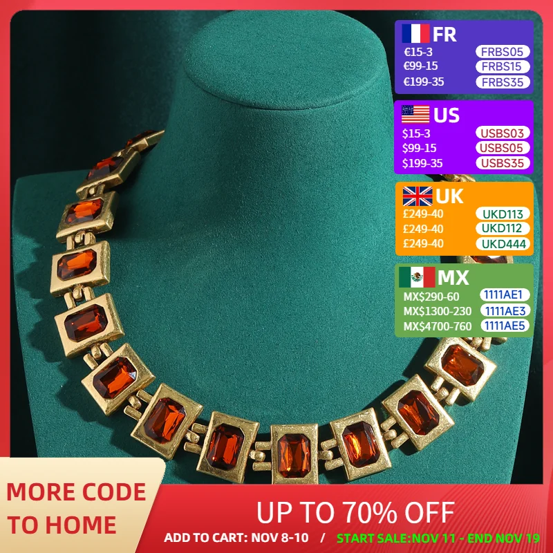 

Vintage Retro Sqaure Orange Crystal Choker Necklaces Gold Color For Woman Antique Luxury Designer Jewelry Accessories Summer