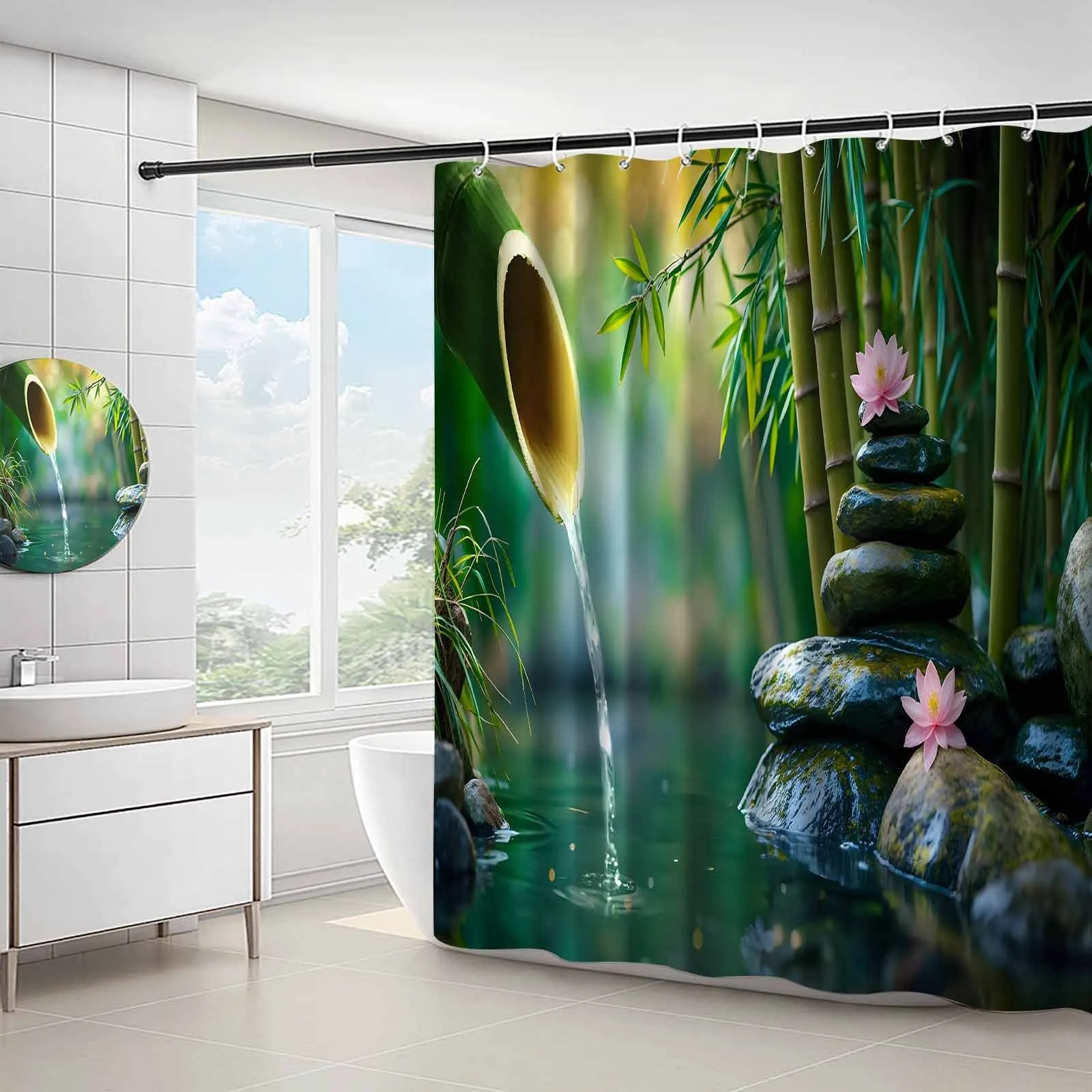 Zen Bamboo & Lotus Shower Curtain, Tranquil Water Spa Pattern Waterproof Bath Curtain, Relaxing Nature Bathroom Decor Art