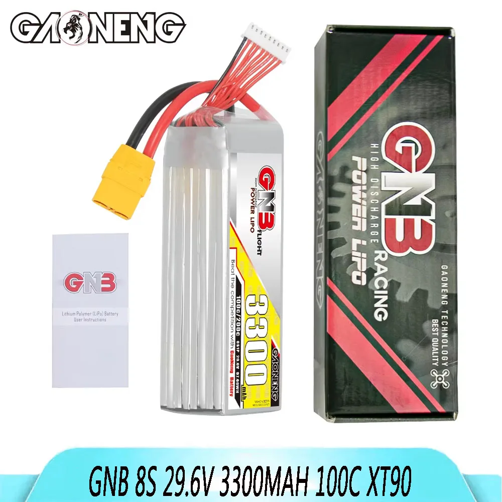 

Литиевая батарея GAONENG GNB 8S 29,6 В, 3300 мАч, 100C с разъемом XT90, подходит для дронов FPV и квадрокоптеров.