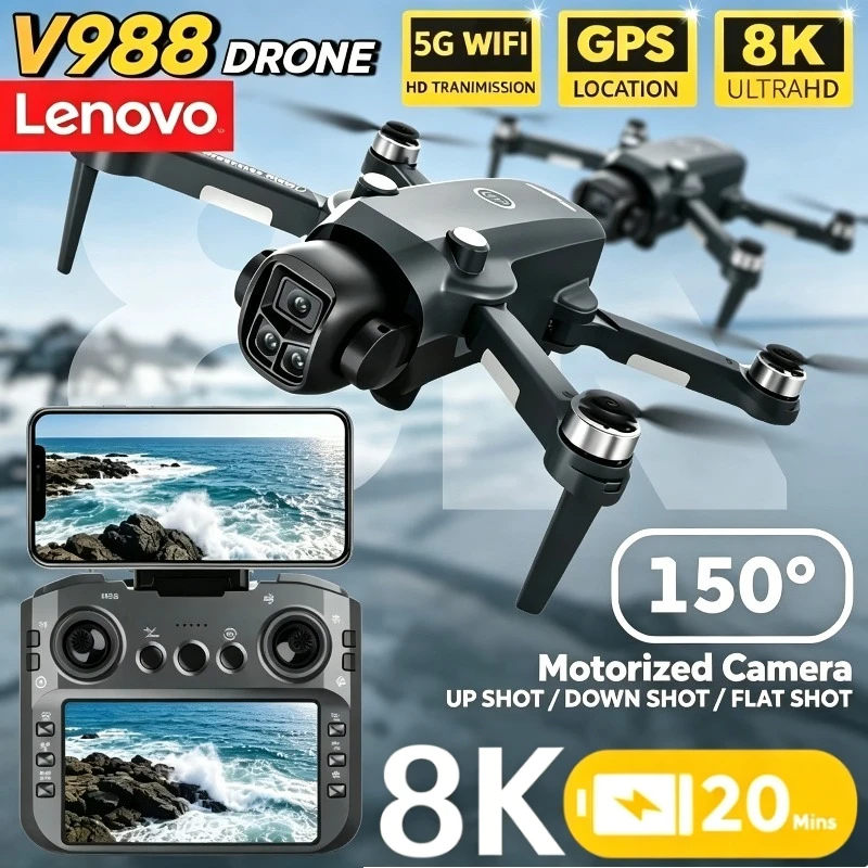 Dron Lenovo V988 5G WiFi FPV 8K 4K Profesional con Cámara Dual, Pantalla Grande, Control Remoto y Plegable