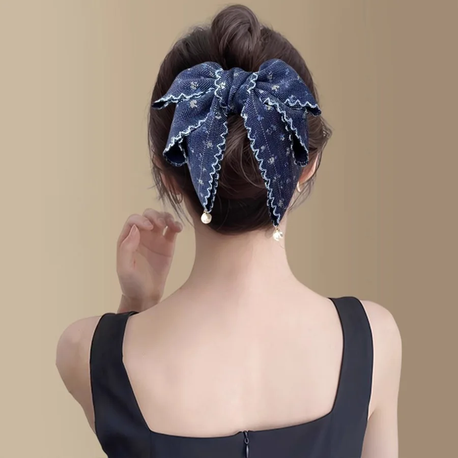

Fabric Bow Pearl Ponytail Hair Claw Clip Sweet Girly Color Block Gentle Non Slip for Updo Daily Home