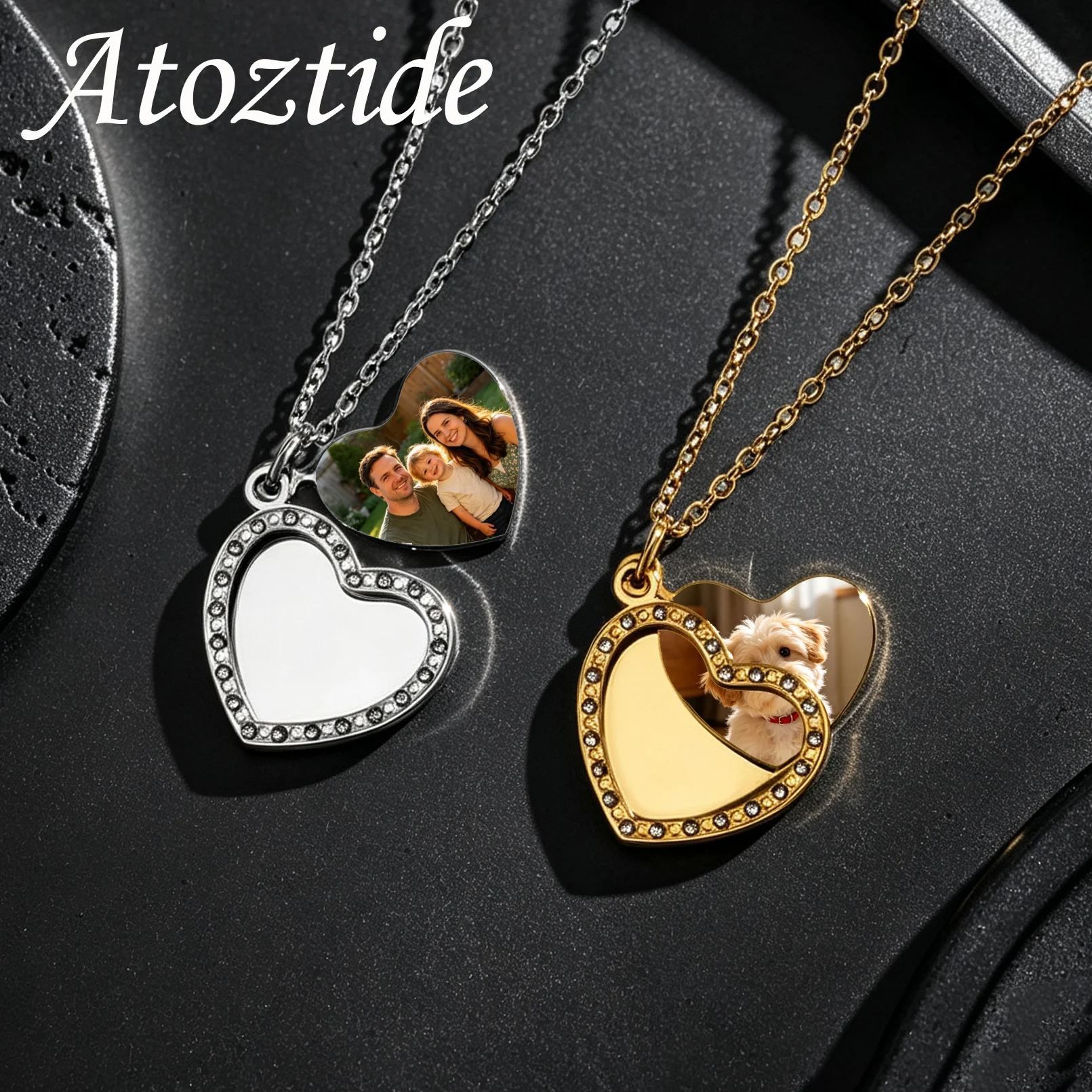 Atoztide Personalized Rotatable Heart Necklaces Engrave Name UV Color Printing Photo Pendant Stainless Steel For Women Men Gift