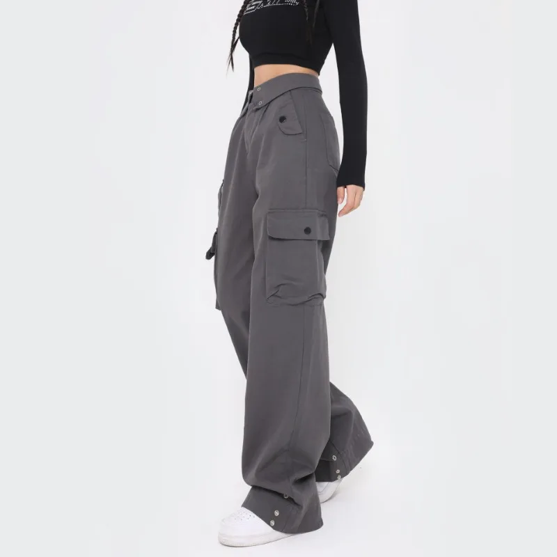 OR FL American Retro Wash And Age 100 Cotton Women Cargo Trousers Trendy Brand Design Sense Small Lapel High Waist Look Slacks