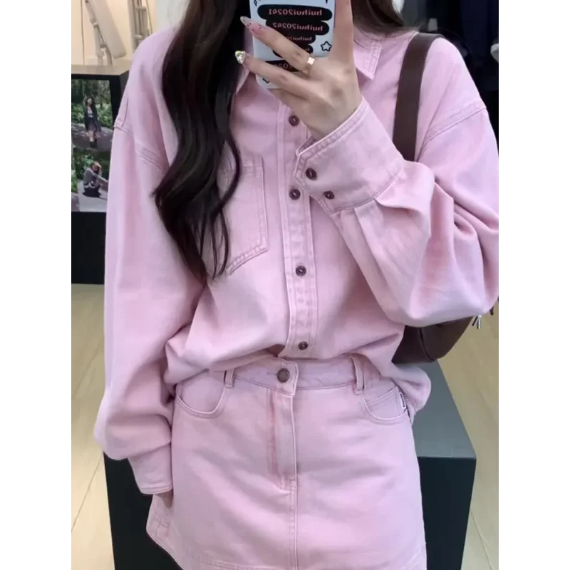 Spring Summer New Denim Shirt Suit for Women Fashionable Unique High-end Skirt Two-piece Set