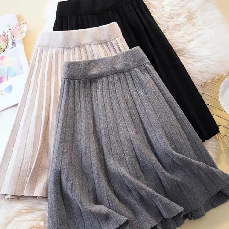 2026 Fall Winter New Women's Stretch High-waisted Pleated Short Skirt A-line Bodycon Knit Bottoming Skirt For Outer Wear