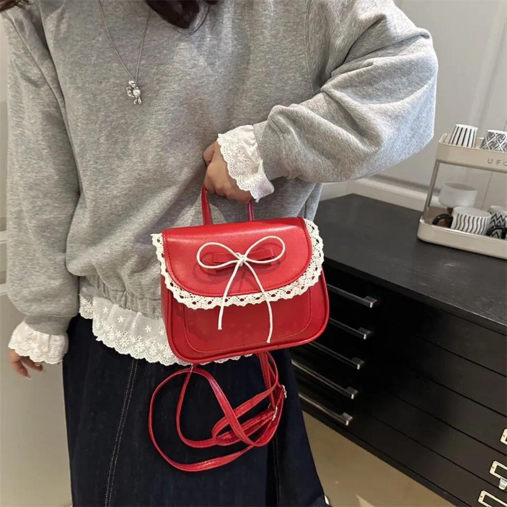 حقيبة ظهر عصرية صغيرة بفيونكة من الدانتيل كوالي أنيقة من جلد البولي يوريثان حقيبة كتف مربعة على الطراز الكوري للطلاب #3