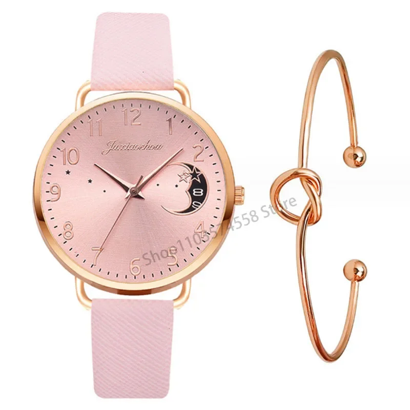 New Trendy Hot Goods Star Moon Pattern Women\'s Watch Minimalist Belt Student Bracelet Set Watch