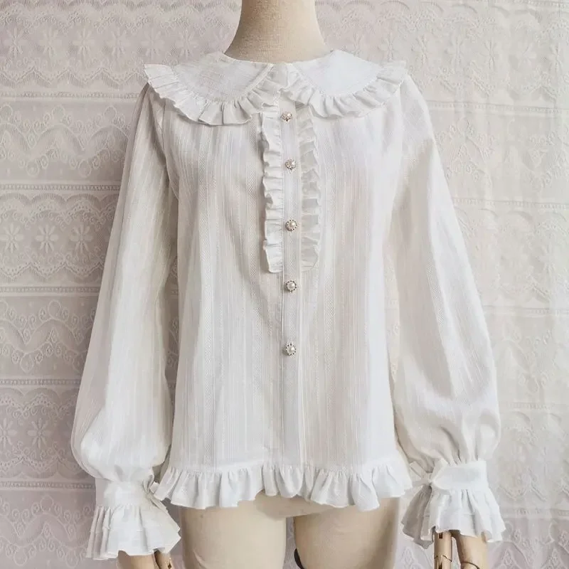 Ruffled Lolita Blouse Long Sleeve Peter Pan Collar Shirt by Yilia