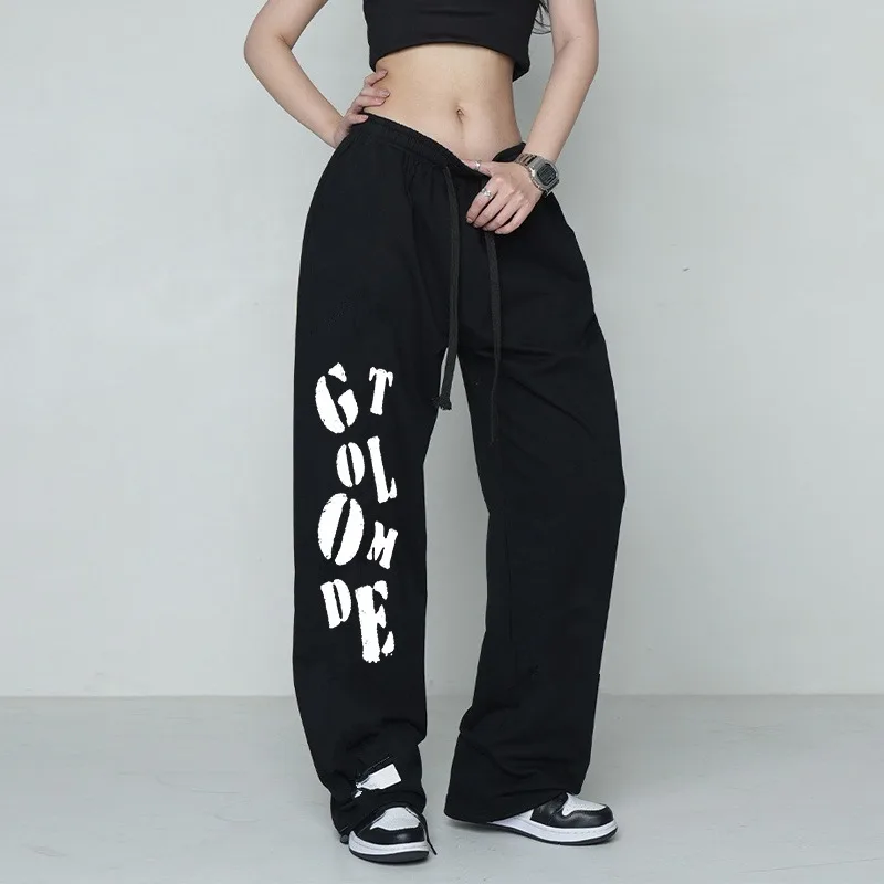 

Drawstring High Street Hip-hop Casual Pants Women's Letter Printed Straight Wide Leg Full Length Trousers Sporty Joggers Female