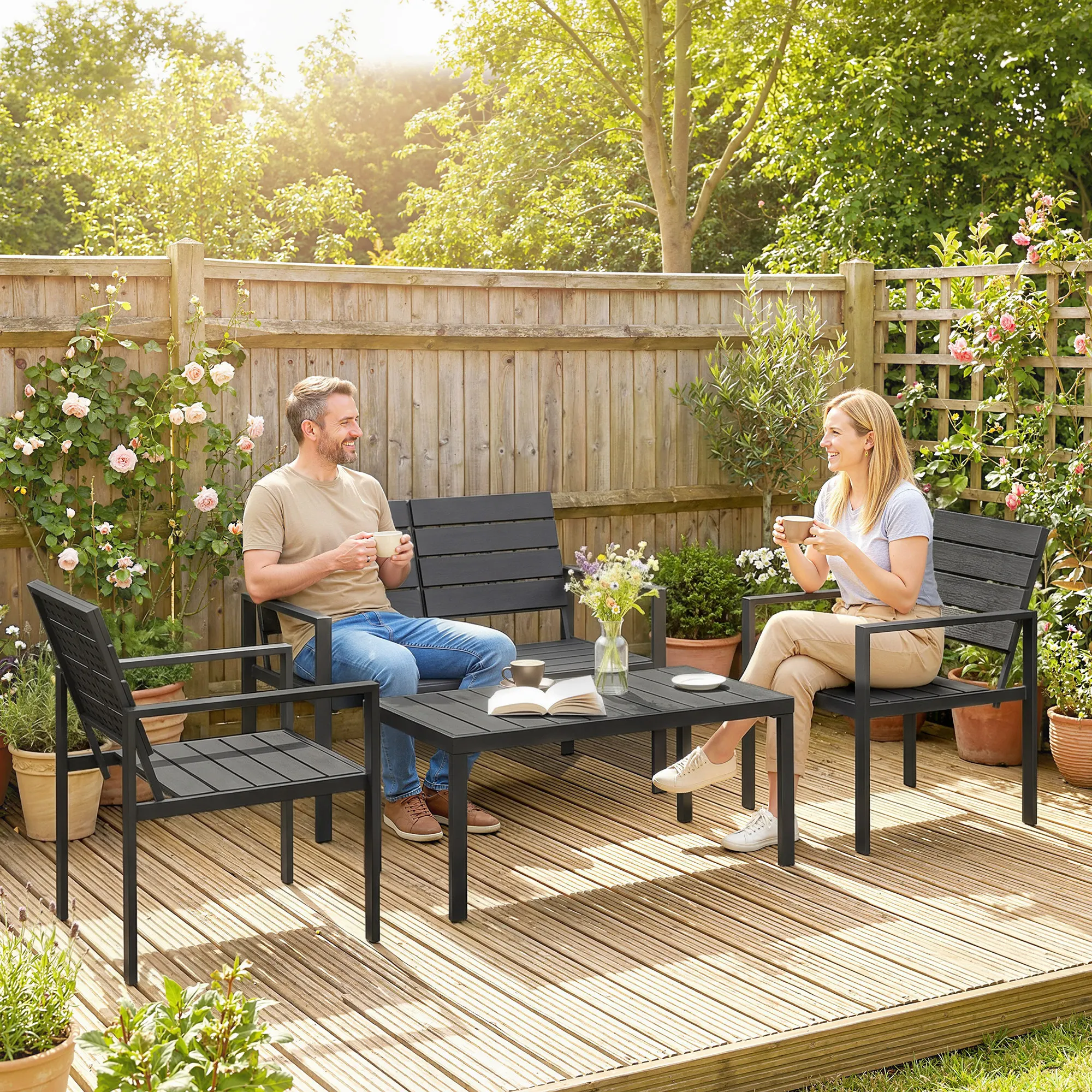 Factory Direct 2026 Outsunny outdoor garden furniture, 4-piece set including a two-seater sofa, 2 chairs, and a low table, terra
