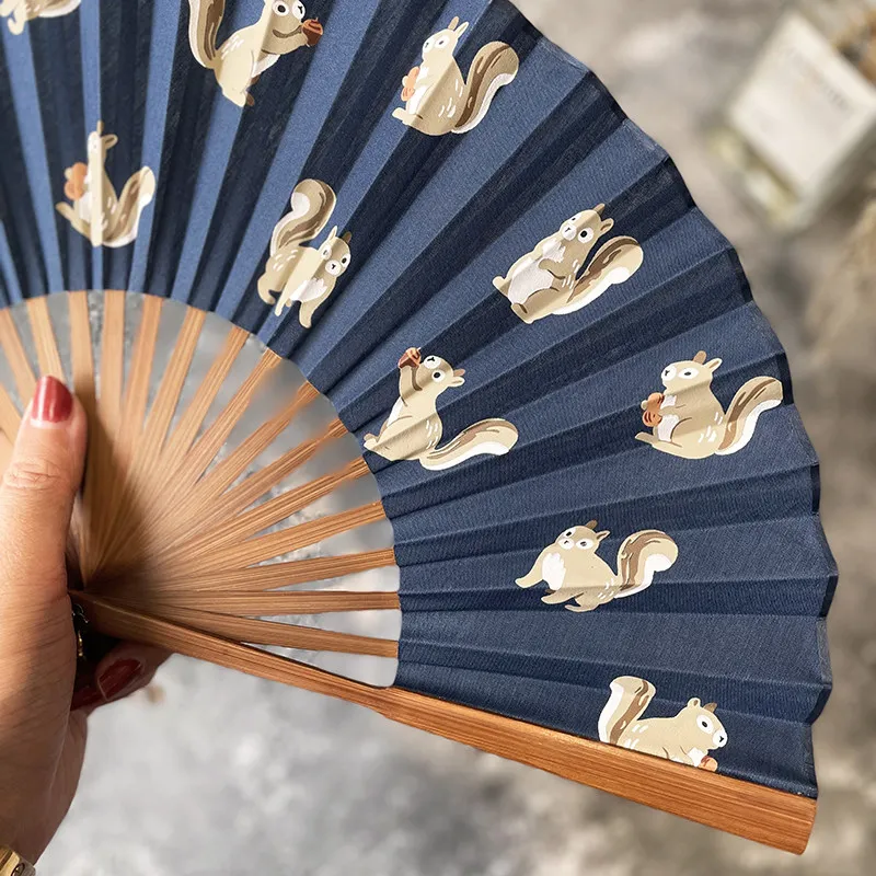 Cartoon Squirrel Pattern Folding Fan Navy Blue Portable Summer Cooling Daily Fan for Women Lightweight Gift Chinese style