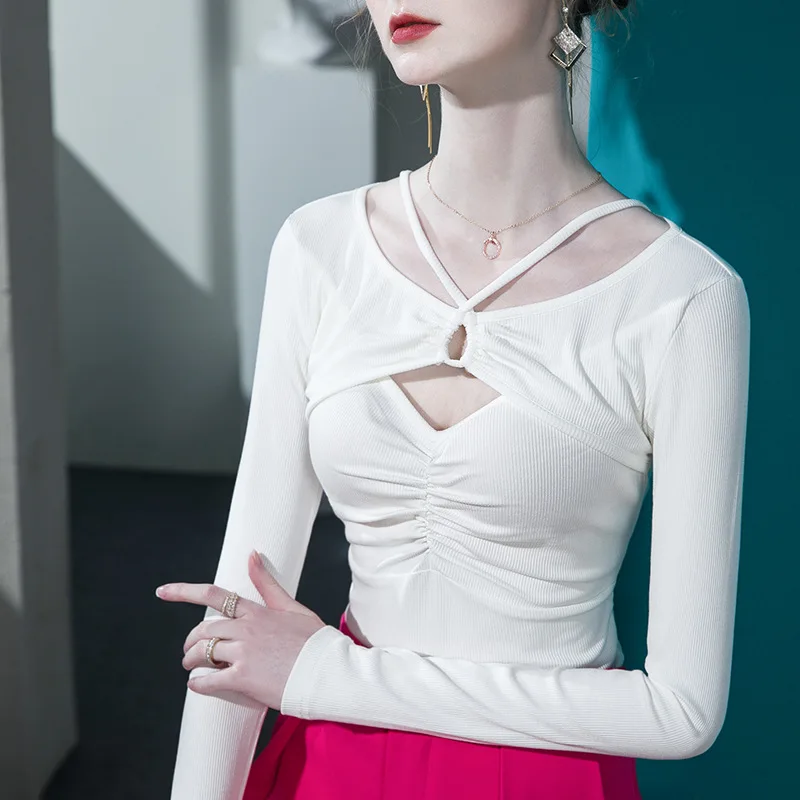 المرأة باويلون رقبة الرسن كم طويل تي شيرت ، جوفاء من خليط ، أضعاف أسفل قميص ، قمم الربيع