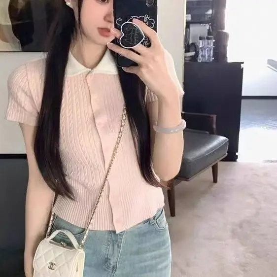 

Gagarich 2025 Spring Summer New Sweet Doll Gentle Knitted Pink Short Sleeve Slimming Appearance Small Top